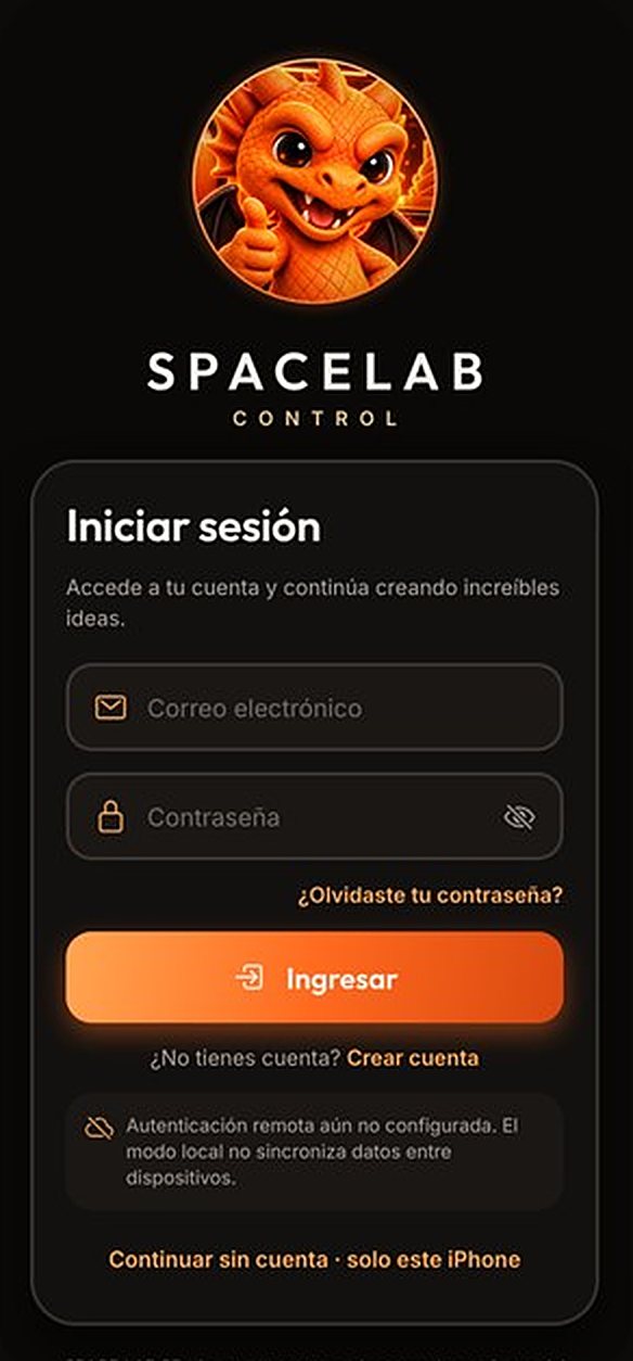 Pantalla Acceso de SPACE LAB CONTROL: entra con tu cuenta o úsala sin cuenta: en modo local tus datos se quedan solo en tu iPhone.