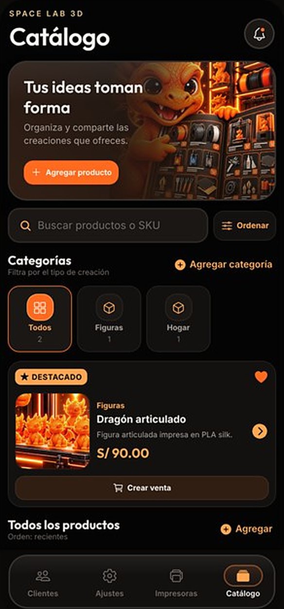 Pantalla Catálogo de SPACE LAB CONTROL: tus productos con foto, categoría y precio, los destacados y la opción de crear una venta desde cada producto.