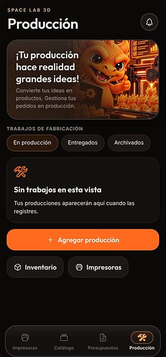 Pantalla Producción de SPACE LAB CONTROL: sigue tus trabajos en producción, entregados y archivados, con accesos directos a tu inventario y tus impresoras.