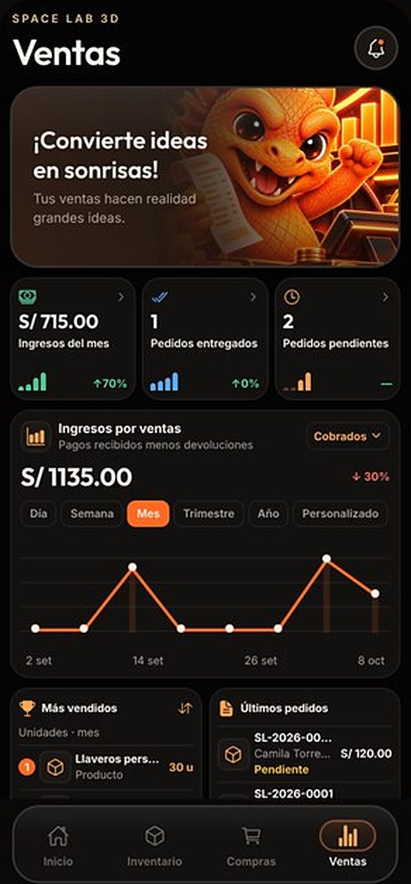 Pantalla Ventas de SPACE LAB CONTROL: ingresos del mes, pedidos entregados y pendientes, gráfico por día, semana, mes o año, productos más vendidos y últimos pedidos.