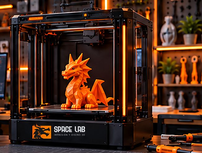 Impresora 3D Space Lab con herramientas de mantenimiento en el taller
