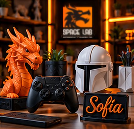 Piezas personalizadas impresas en 3D: dragón, casco, mando y placa con nombre