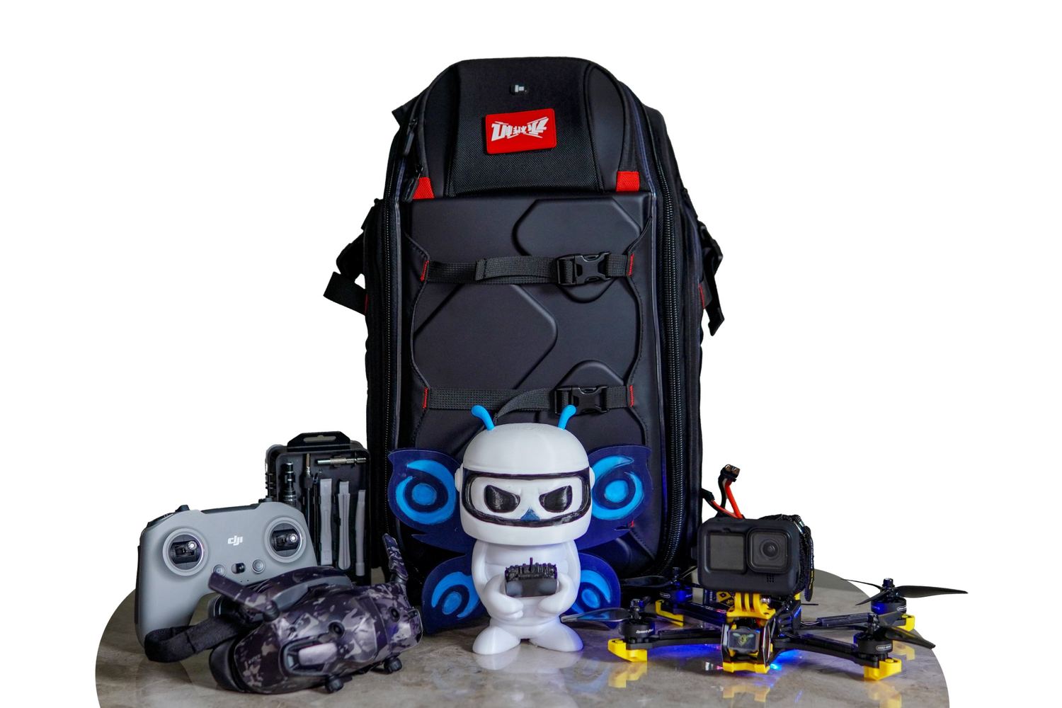 Equipo FPV completo: mochila, radio, gafas, batería y dron