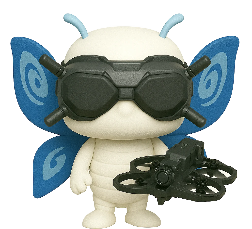 Hélix, la mascota de Space Print, con gafas FPV y un dron en la mano